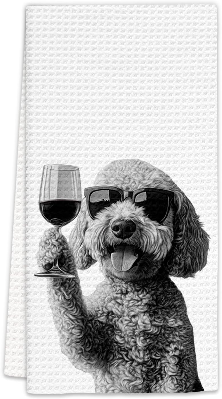 FIicy Goldendoodle Gifts Wine Kitchen Towels, Gifts for Golden Doodle Dog Wine Lovers Decorative Hand Dish Towel for Kitchen Home Bar, Funny Golden Doodle WineLover Home Bars Kitchen Decor(16x24inch) - Image 1